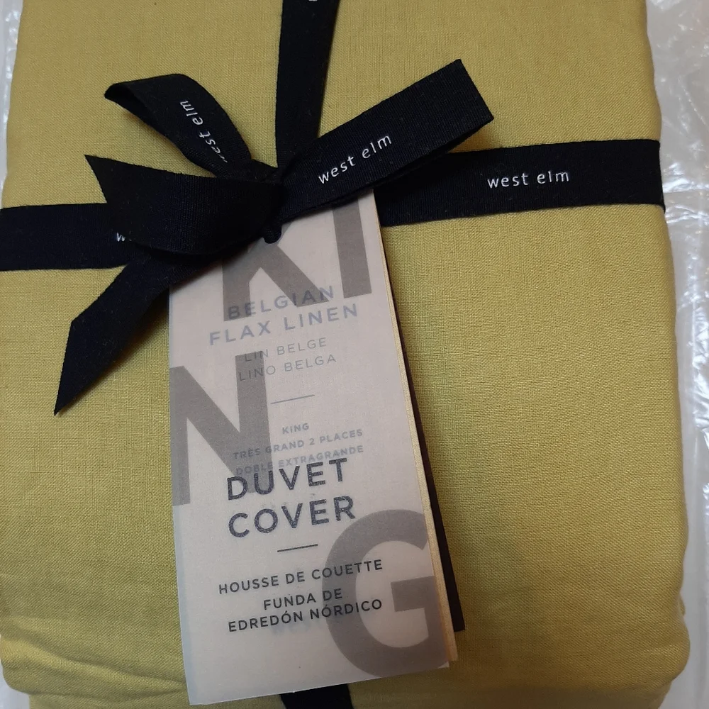 West Elm European Flax Linen RARE King Duvet Cover king shams 1 Euro sham Citrus